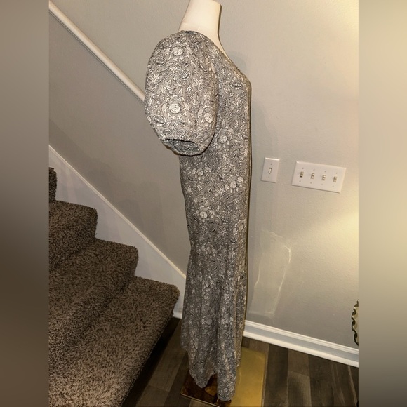 ANNA CATE Grey Floral Block Print Maxi Dress XS Puff Sleeve V-Neck Cotton Luxe - Picture 4 of 8